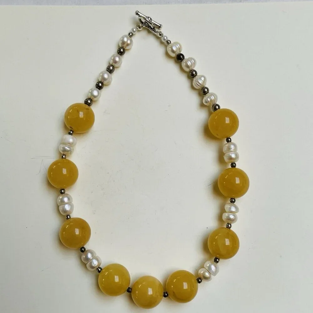 Butterscotch Amber Pearl Necklace Choker Statement Handmade Party Wedding